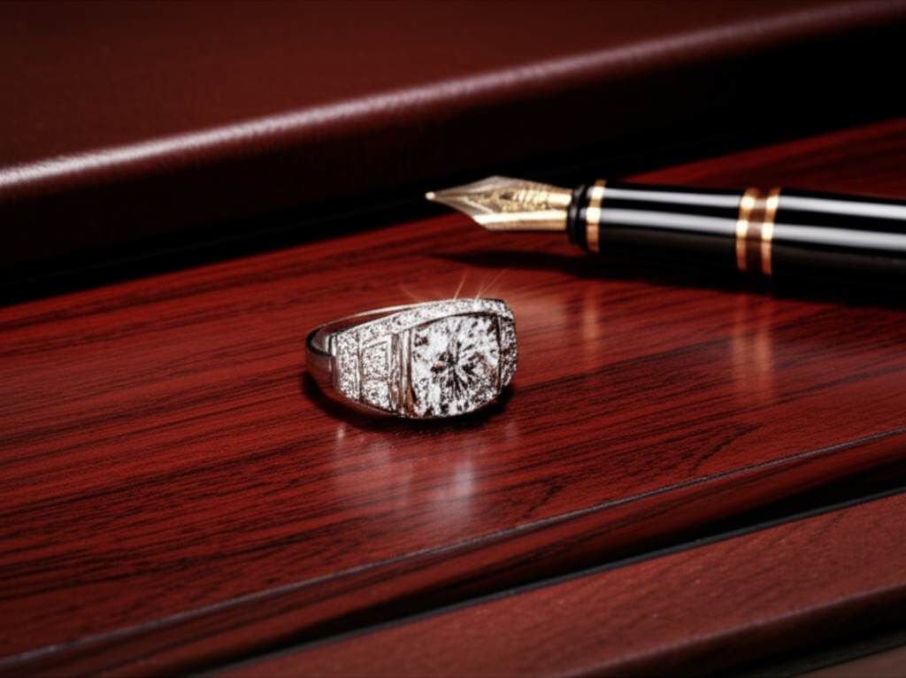 Nhẫn kim cương nam trên bàn làm việc sang trọng.