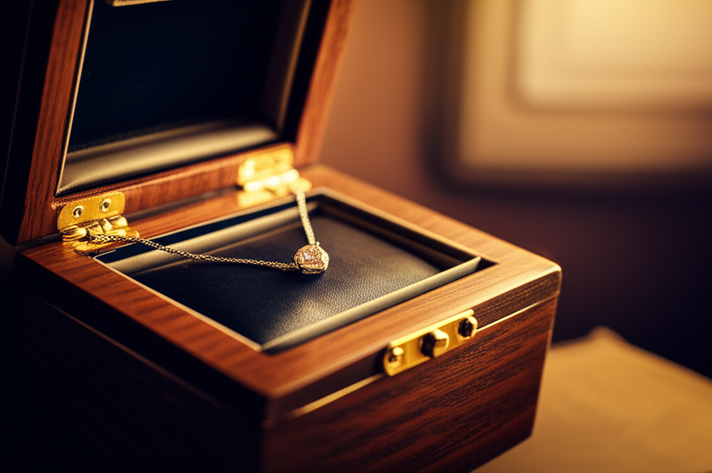 Ảnh cận cảnh hộp đựng trang sức bằng gỗ cao cấp với dây chuyền kim cương nam bên trong, ánh sáng vàng ấm áp.