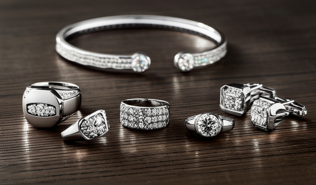 Ảnh cận cảnh bộ sưu tập trang sức kim cương nam tối giản bao gồm nhẫn, vòng tay và khuy măng sét trên mặt bàn gỗ tối màu.