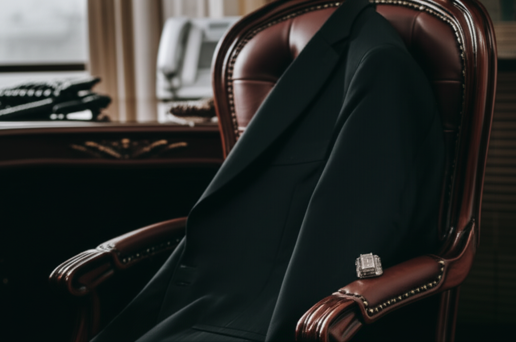 Chiếc nhẫn kim cương nam trên áo vest trong văn phòng.