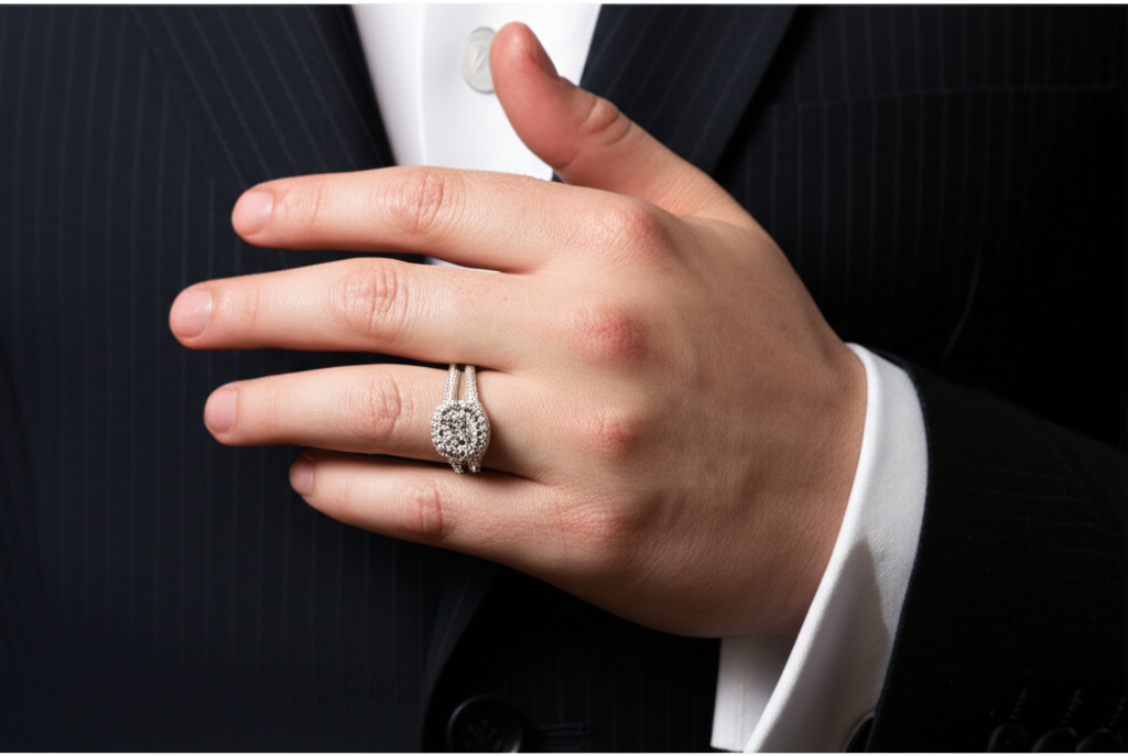 Chiếc nhẫn kim cương trên tay áo vest lịch lãm.