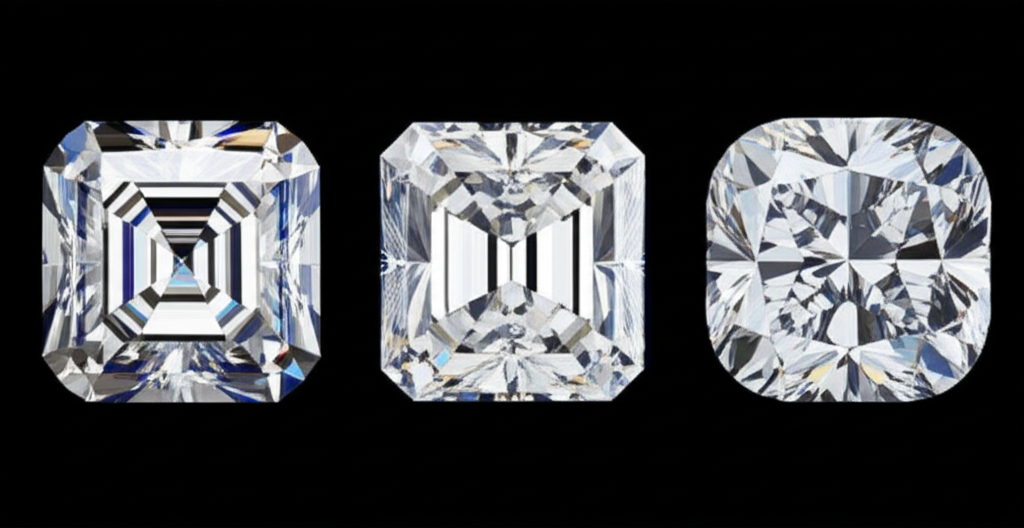Xu hướng trang sức kim cương nam 2025 với xu hướng kim cương nam 5 Ảnh chụp cận cảnh ba viên kim cương огранка Asscher, Radiant và Cushion trong phòng trưng bày kim cương sang trọng.