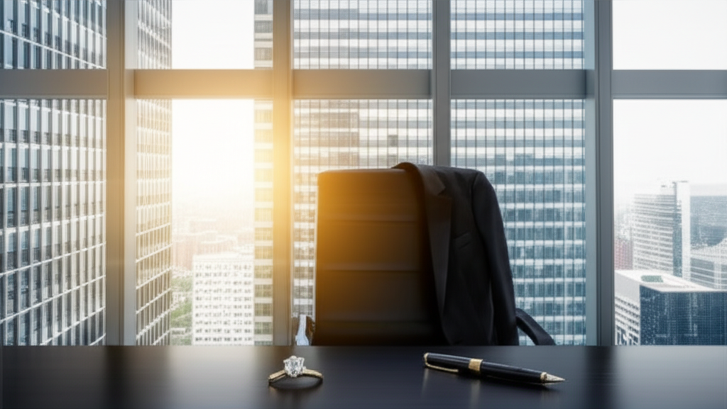 Nhẫn kim cương và áo vest trước tòa nhà cao tầng.