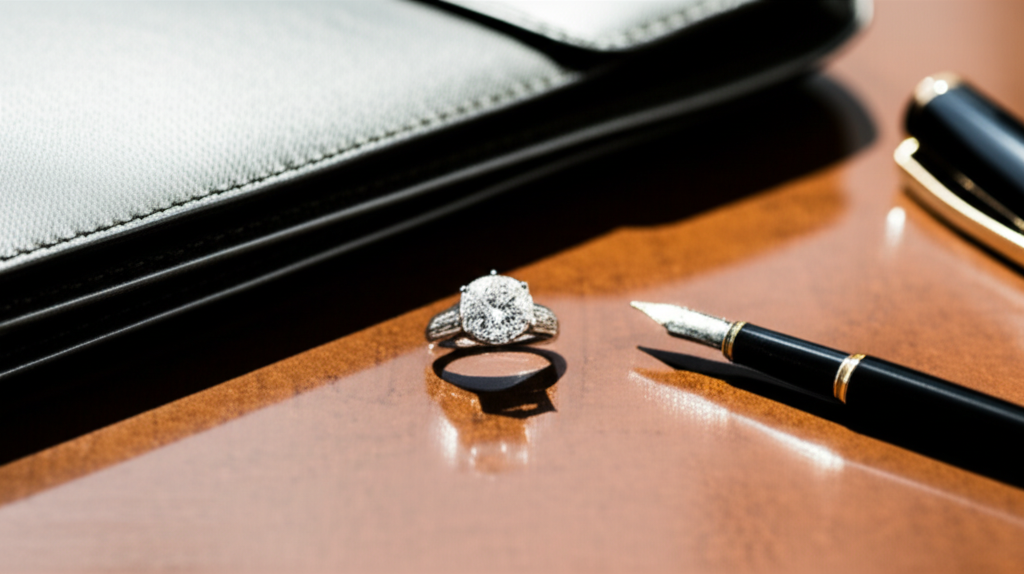 Chiếc nhẫn kim cương nam trên bàn làm việc.