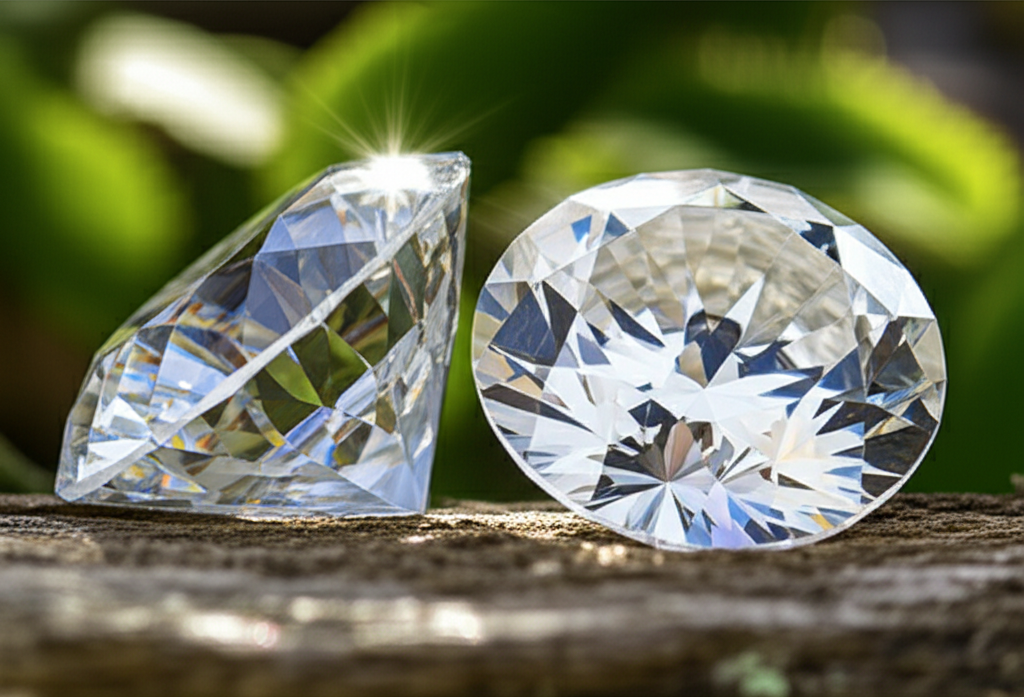 Kim cương nam trong phong cách thời trang công sở với trang sức công sở nam 4 Hai viên kim cương đặt cạnh nhau, một viên thô và một viên đã được cắt gọt sáng bóng, lấp lánh dưới ánh sáng tự nhiên.