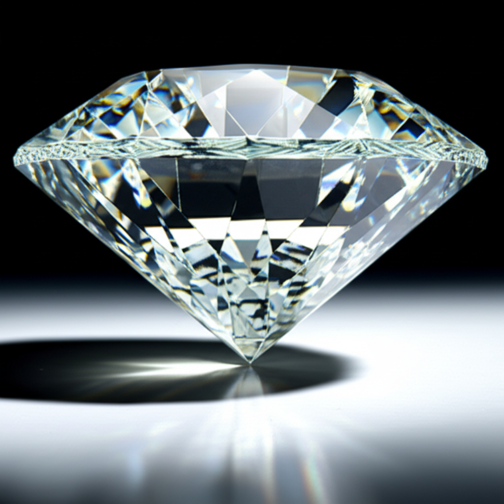 Ảnh chụp cận cảnh viên kim cương đang lấp lánh dưới ánh sáng, tập trung vào các giác cắt hoàn hảo.