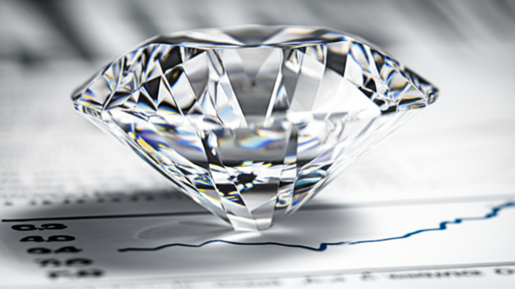 Ảnh cận cảnh viên kim cương lớn đặt trên tờ báo tài chính, biểu thị sự đầu tư.