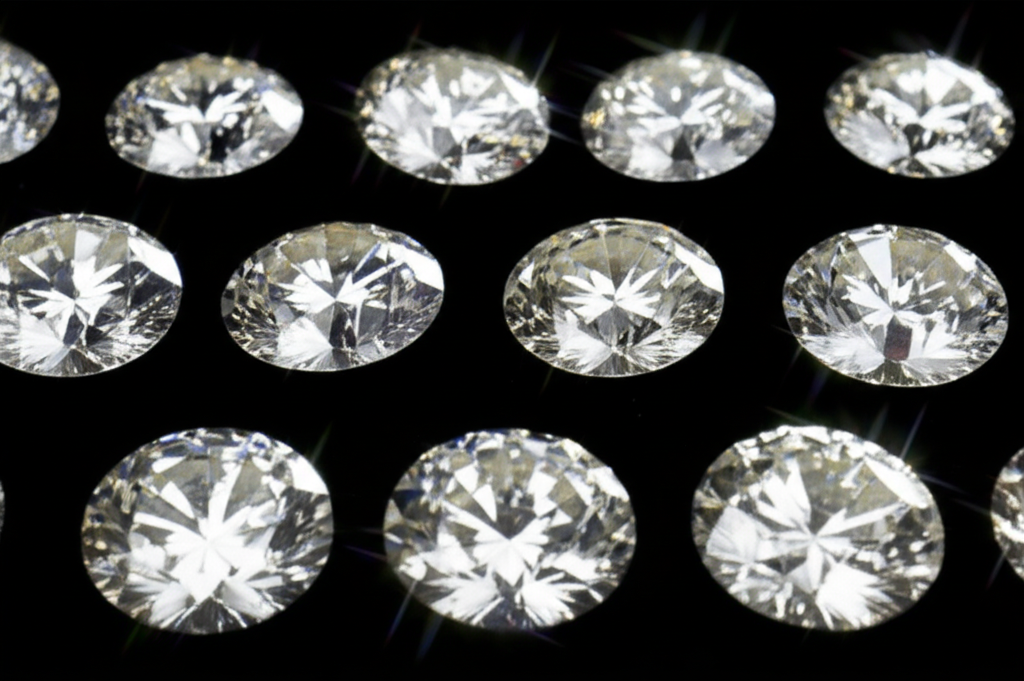 Ảnh cận cảnh những viên kim cương với kích cỡ và огранка khác nhau, được sắp xếp trên khay nhung đen.