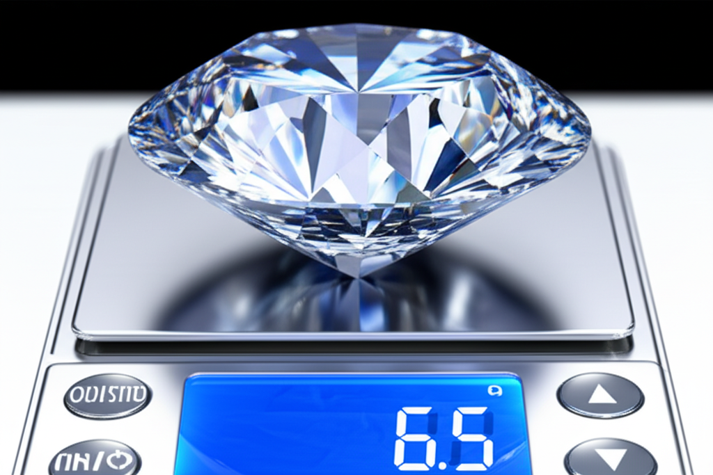 Tác động phong thủy của nhẫn kim cương nam với nhẫn phong thủy nam 5 Ảnh một viên kim cương lớn, cắt огранка đẹp mắt, đặt trên cân điện tử, chụp ảnh thực tế.
