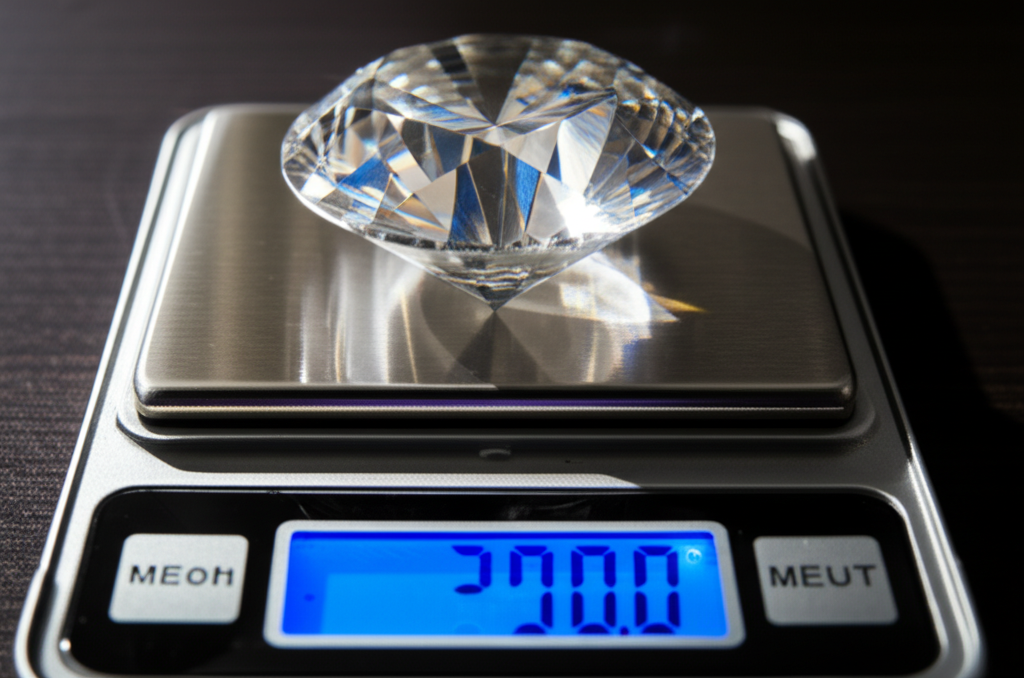 Ảnh chụp cận cảnh viên kim cương lớn, lấp lánh được đặt trên cân điện tử, ánh sáng tập trung làm nổi bật các giác cắt.