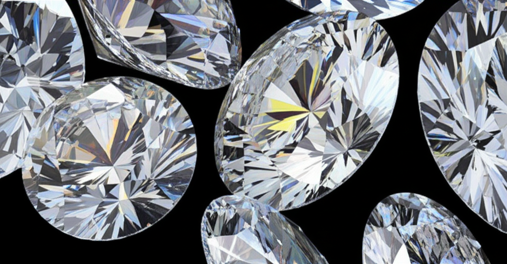 Ảnh cận cảnh các viên kim cương với nhiều giác cắt và màu sắc khác nhau trên nền đen.