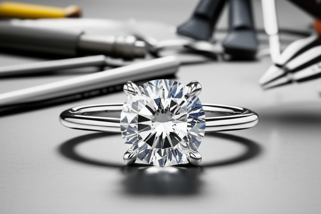 Ảnh cận cảnh một viên kim cương lớn được cắt gọt tỉ mỉ, đặt trên một chiếc nhẫn vàng trắng, với các dụng cụ chế tác trang sức ở phía sau.