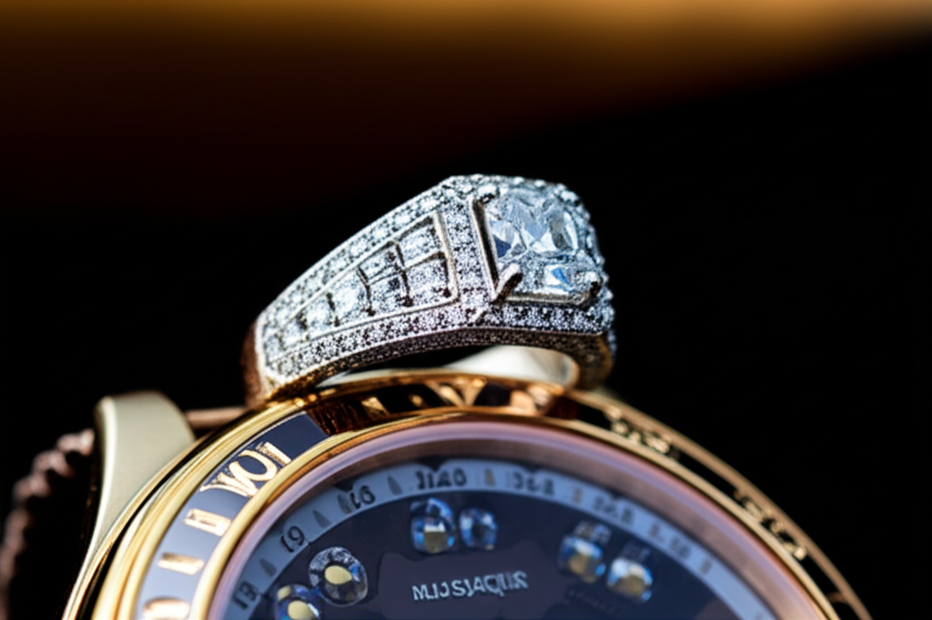 Chiếc nhẫn kim cương nam trên nền đồng hồ sang trọng.