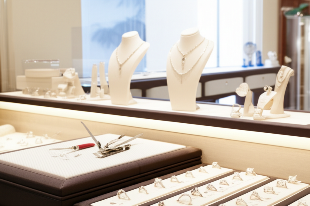 Các kiểu cắt kim cương nam được ưa chuộng với giác cắt kim cương nam 7 Hình ảnh trưng bày trang sức kim cương, bao gồm nhẫn, dây chuyền và kim cương rời, trong một không gian sang trọng.