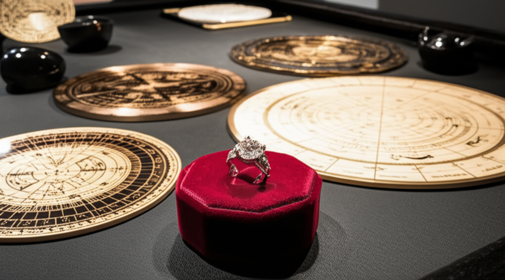 Tác động phong thủy của nhẫn kim cương nam với nhẫn phong thủy nam 7 Hình ảnh cận cảnh chiếc nhẫn kim cương đặt trên gối nhung, bối cảnh bàn tư vấn phong thủy chuyên nghiệp với các vật phẩm phong thủy.