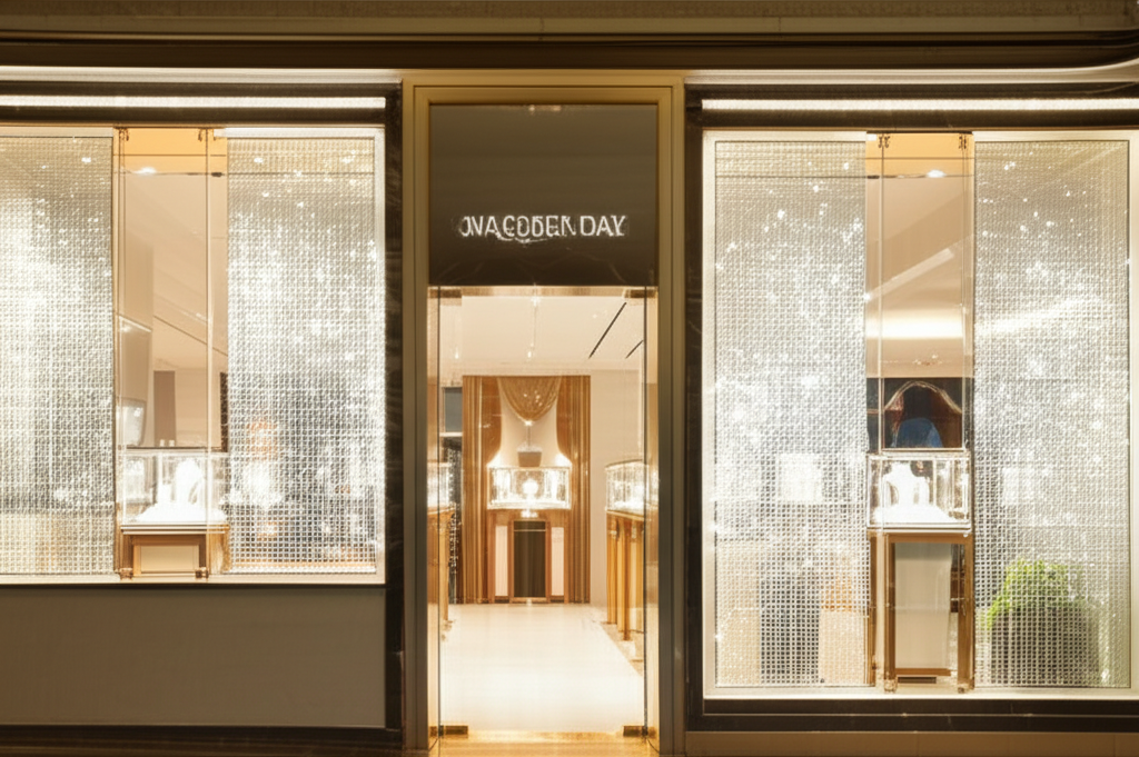 Ảnh mặt tiền sang trọng của một cửa hàng trang sức cao cấp, ánh sáng lung linh phản chiếu trên những viên kim cương.