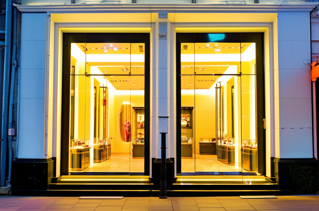 Hình ảnh mặt tiền của một showroom với ánh sáng vàng ấm áp, tạo cảm giác sang trọng và chào đón.
