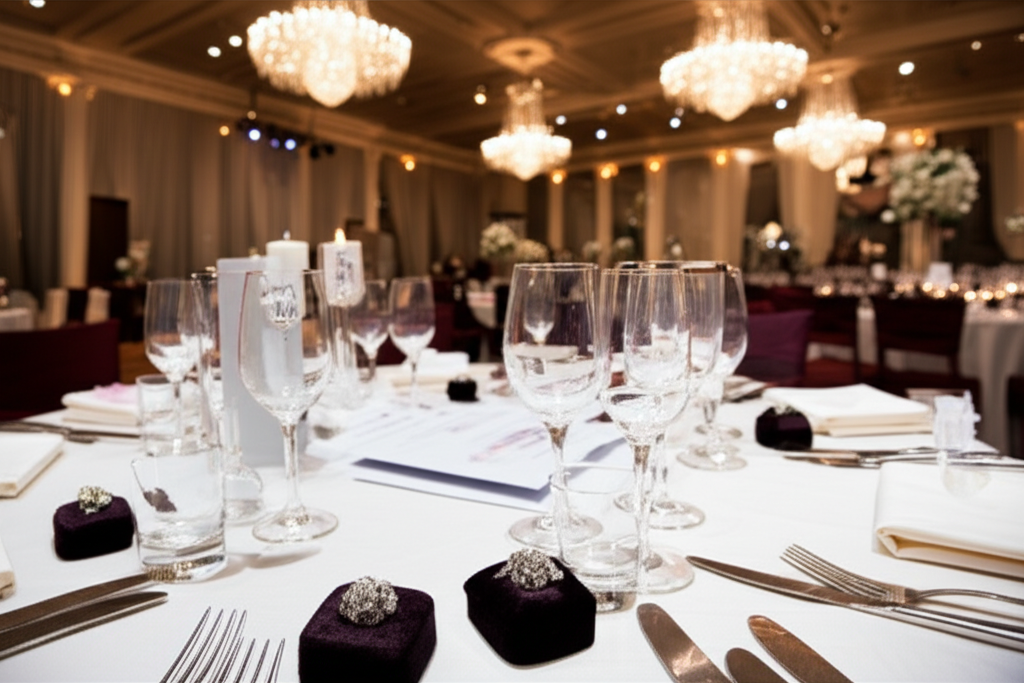 Bông tai kim cương và sự sang trọng trong sự kiện với bông tai kim cương sang trọng 10 Hình ảnh khán phòng lộng lẫy với đèn chùm và bàn tiệc sau một sự kiện.