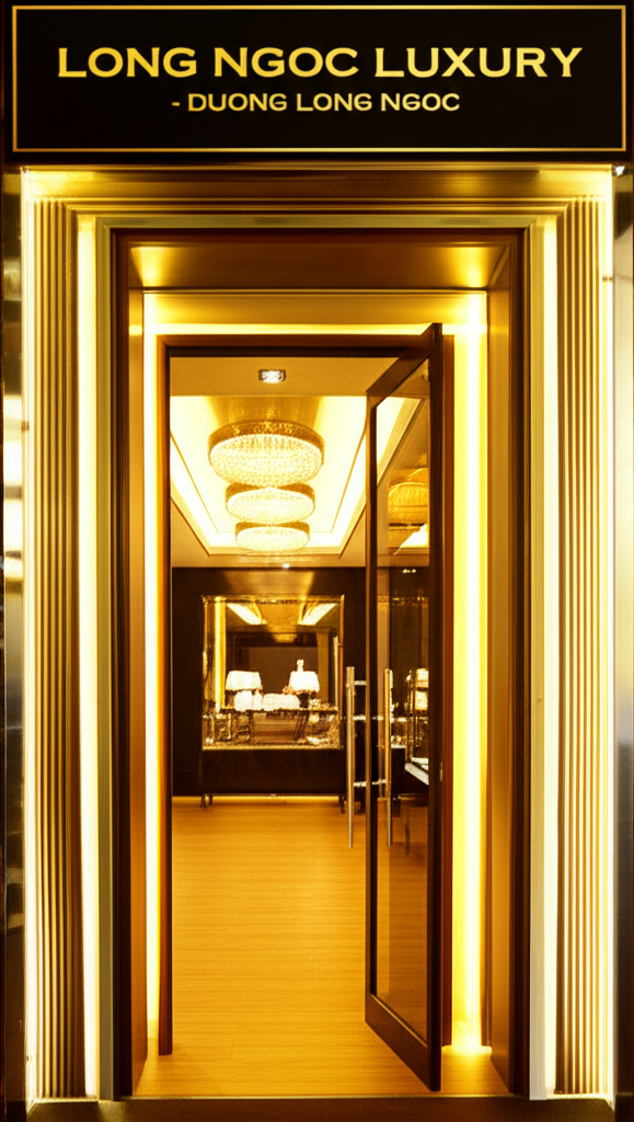 Ảnh mặt tiền cửa hàng Long Ngọc Luxury với ánh đèn vàng ấm áp, tạo không khí sang trọng và chuyên nghiệp.