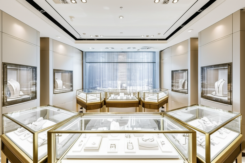 Phân biệt kim cương thiên nhiên và nhân tạo nam giới với kim cương thật giả nam 8 Ảnh chụp nội thất showroom trang sức kim cương với tủ kính trưng bày trang sức lấp lánh dưới ánh sáng tự nhiên.