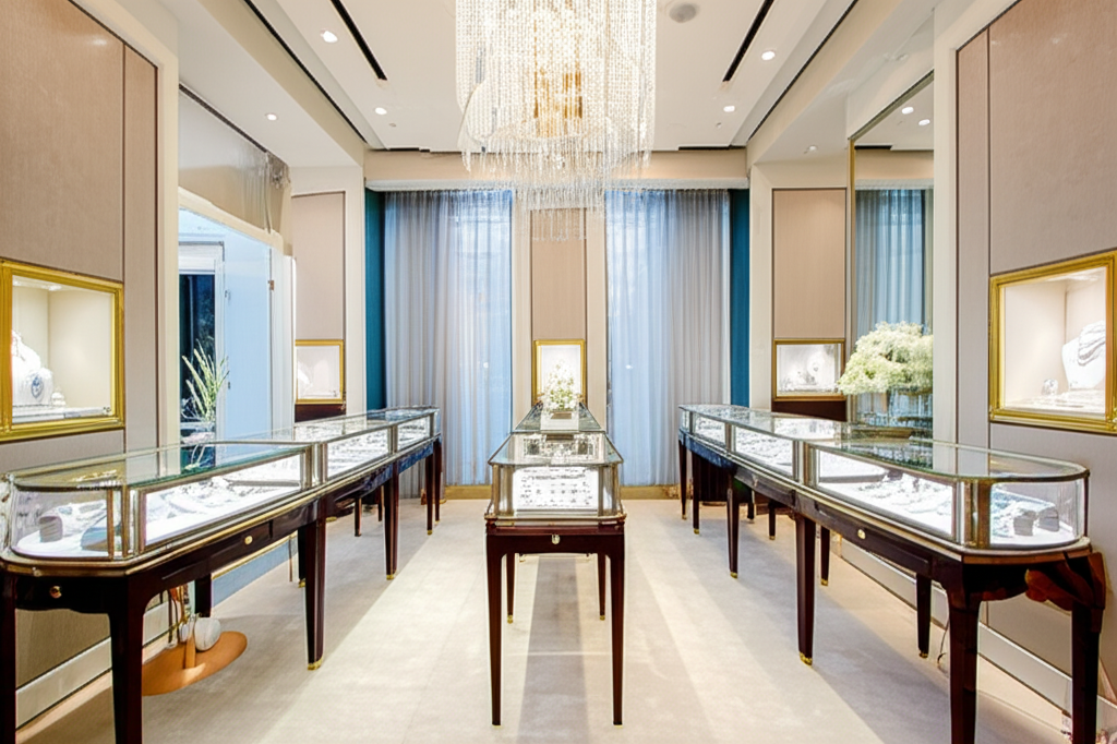 Bí quyết chọn bông tai kim cương cho nàng da ngăm với bông tai cho da ngăm 8 Ảnh chụp nội thất một cửa hàng trang sức kim cương cao cấp với tủ trưng bày trang sức lộng lẫy.