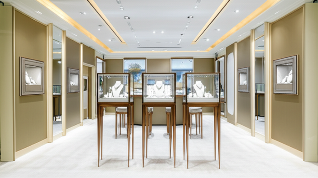 Chọn bông tai kim cương theo phong thủy với bông tai phong thủy 8 Ảnh chụp bên trong cửa hàng trang sức kim cương, tập trung vào những đôi bông tai kim cương được trưng bày đẹp mắt.