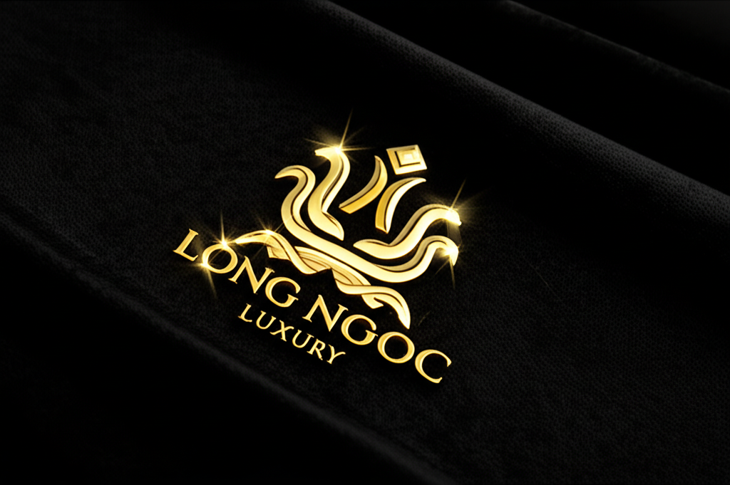 Top 5 thiết kế dây chuyền kim cương nam nổi bật 7 Ảnh chụp cận cảnh logo Long Ngọc Luxury với ánh sáng vàng trên nền nhung đen, tạo cảm giác sang trọng.