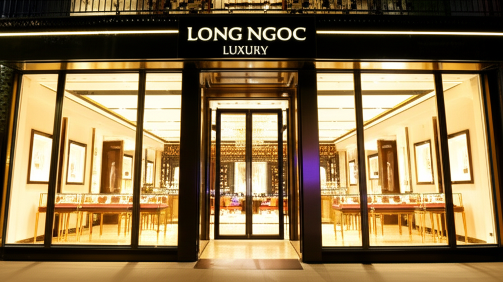Ảnh chụp mặt tiền sang trọng của showroom Long Ngọc Luxury vào buổi tối, với ánh sáng vàng ấm áp.