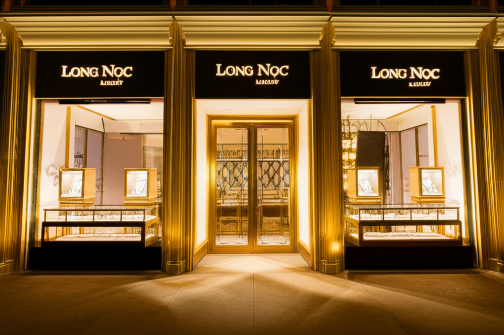 Kim cương nam trong phong cách thời trang công sở với trang sức công sở nam 8 Mặt tiền của một cửa hàng trang sức sang trọng vào lúc chạng vạng, ánh sáng vàng ấm áp chiếu ra từ bên trong.