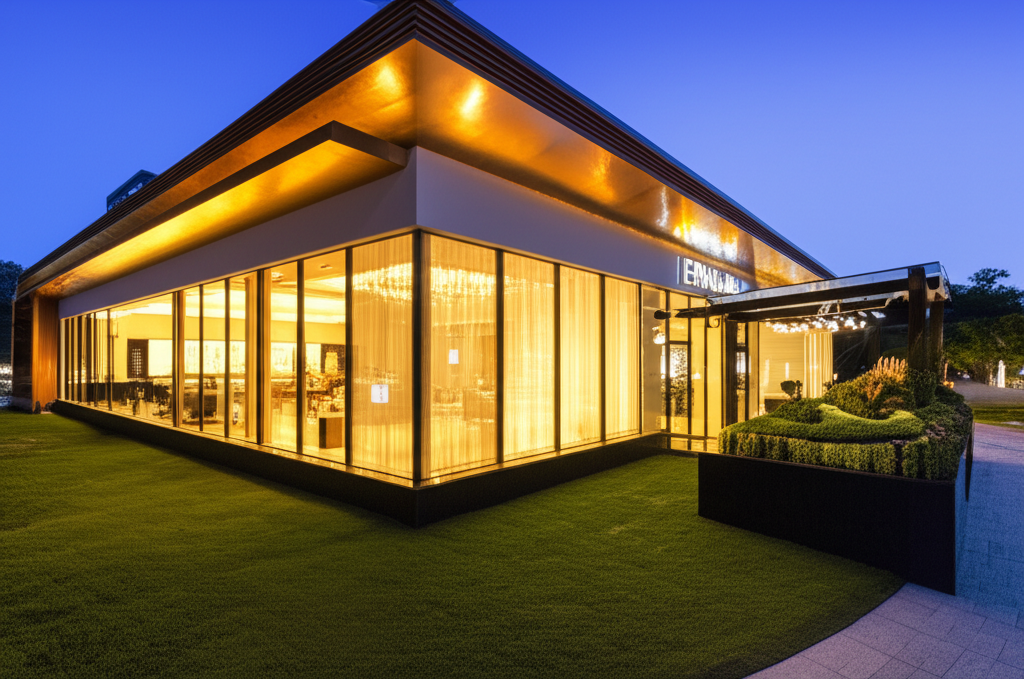 Các kiểu cắt kim cương nam được ưa chuộng với giác cắt kim cương nam 8 Ảnh mặt tiền một showroom sang trọng với ánh đèn vàng ấm áp vào buổi tối.