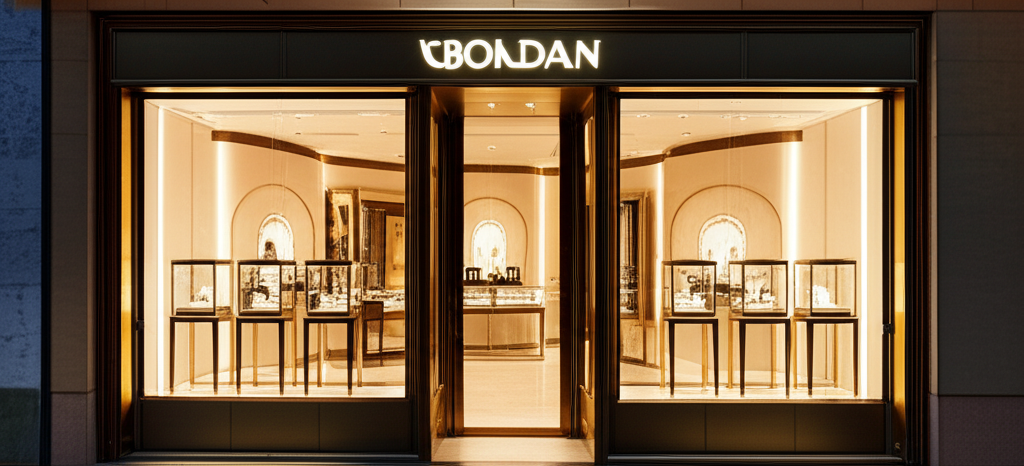 Lý do giới nghệ sĩ yêu thích kim cương nam với nghệ sĩ và kim cương 6 Hình ảnh mặt tiền một cửa hàng trang sức sang trọng với thiết kế hiện đại và ánh sáng vàng ấm áp, không có người.