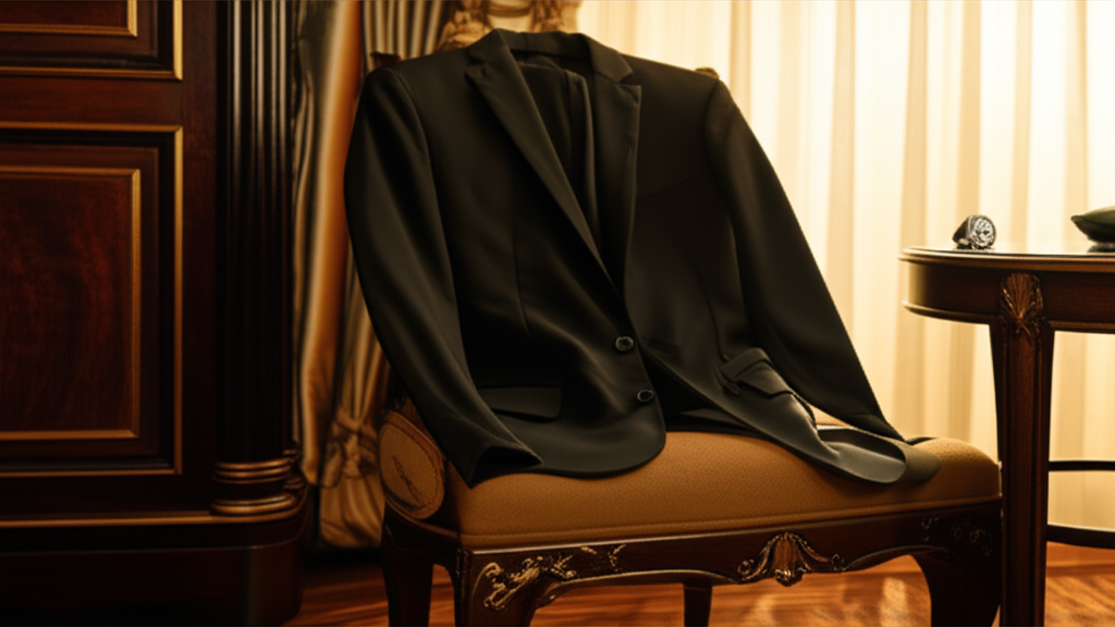 Ảnh chụp nội thất sang trọng, áo vest đen và nhẫn kim cương nam trên bàn.