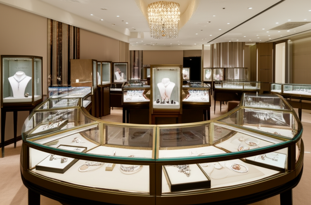 Hình ảnh nội thất showroom trang sức kim cương với các tủ trưng bày trang sức lấp lánh.