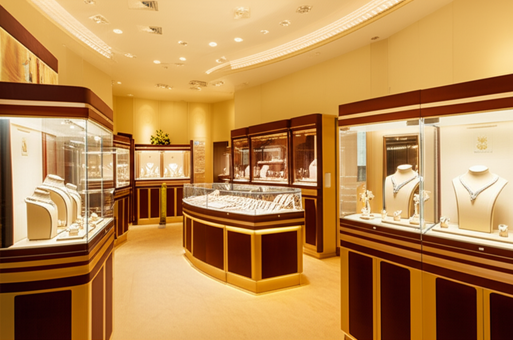 Giá nhẫn kim cương nam hiện nay với giá nhẫn kim cương nam 7 Ảnh showroom trang sức kim cương với nội thất sang trọng và ánh sáng vàng ấm áp, tập trung vào các sản phẩm trang sức lấp lánh.