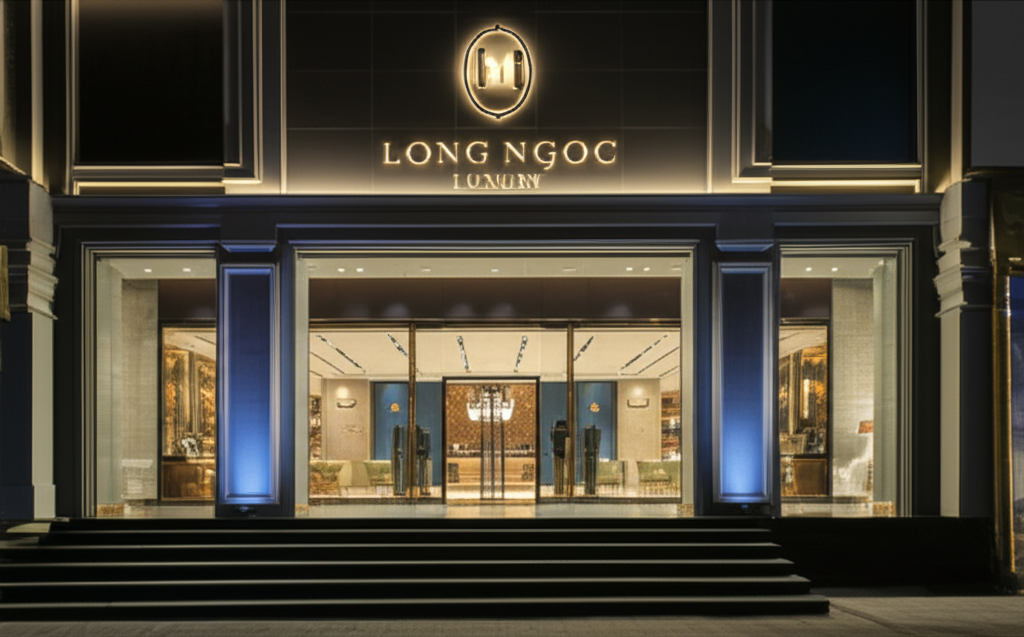Ảnh mặt tiền showroom Long Ngọc Luxury về đêm với ánh đèn lung linh.