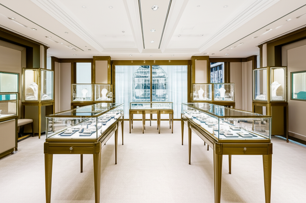 Bông tai kim cương phong cách cổ điển hay hiện đại với bông tai cổ điển hiện đại 6 Ảnh chụp nội thất showroom trang sức kim cương cao cấp với ánh sáng tự nhiên và thiết kế tinh tế.