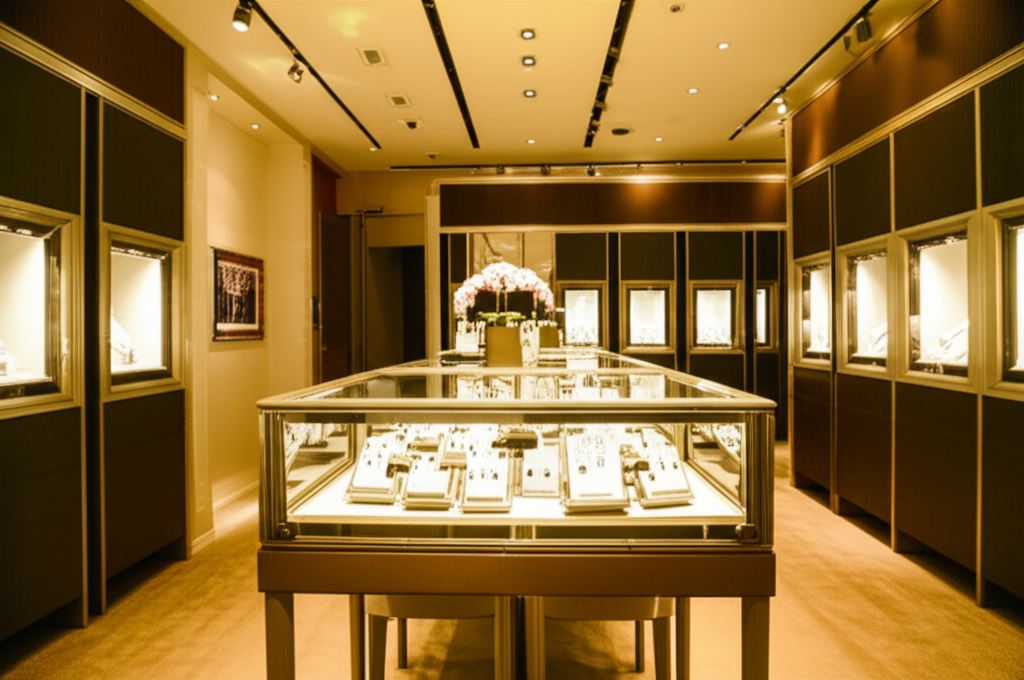 Ảnh chụp showroom trang sức cao cấp, tập trung vào quầy trưng bày bông tai kim cương sáng bóng dưới ánh đèn vàng ấm áp.