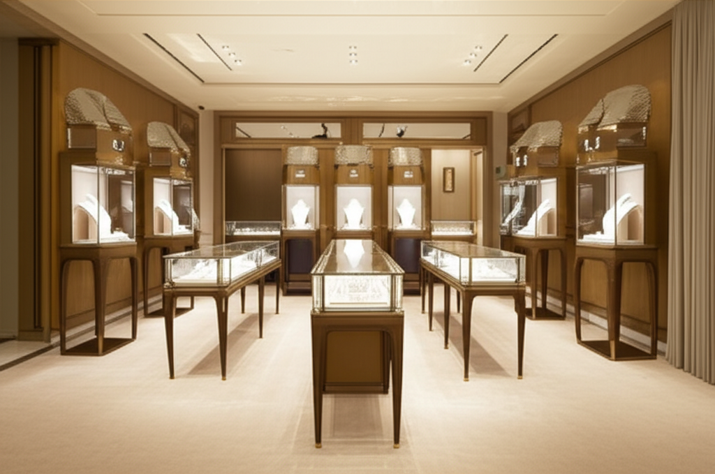 Ảnh chụp nội thất showroom trưng bày bông tai kim cương lấp lánh trong không gian sang trọng.