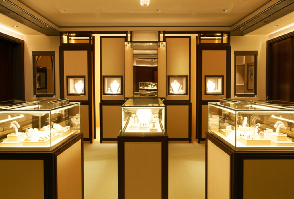 Ảnh chụp nội thất showroom trang sức kim cương với tủ trưng bày và ánh sáng vàng ấm áp.