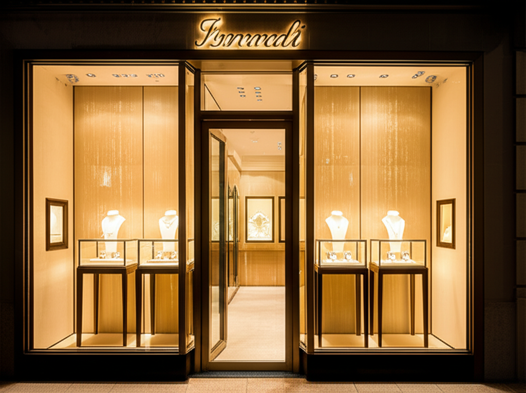 Ảnh mặt tiền một cửa hàng trang sức cao cấp với ánh sáng vàng ấm áp, không có người.