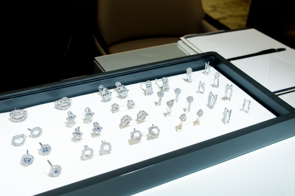 Bông tai kim cương phong cách cổ điển hay hiện đại với bông tai cổ điển hiện đại 4 Hình ảnh trưng bày cận cảnh các loại bông tai kim cương khác nhau trong tủ kính, ánh sáng chuyên nghiệp, không có người.