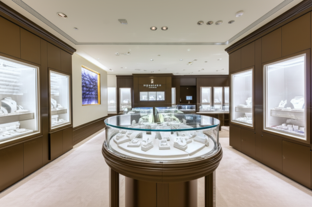 So sánh bông tai kim cương và đá moissanite với bông tai moissanite 7 Hình ảnh không gian trưng bày trang sức cao cấp với bông tai kim cương và moissanite nổi bật trong showroom sang trọng.