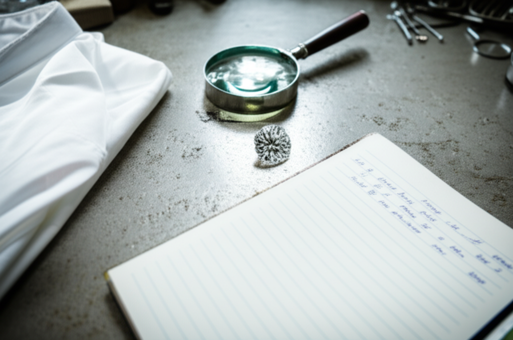 Hình ảnh cận cảnh bàn làm việc của thợ kim hoàn với kính lúp, viên kim cương, áo sơ mi trắng và sổ ghi chép.