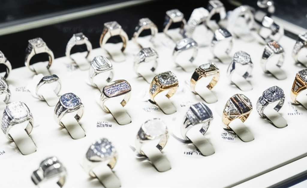 Giá nhẫn kim cương nam hiện nay với giá nhẫn kim cương nam 6 Ảnh cận cảnh các mẫu nhẫn kim cương nam khác nhau được trưng bày trong tủ kính.