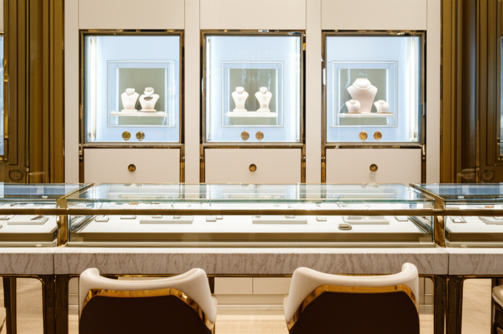 Ảnh chụp cận cảnh tủ trưng bày bông tai kim cương trong cửa hàng trang sức, không có người.