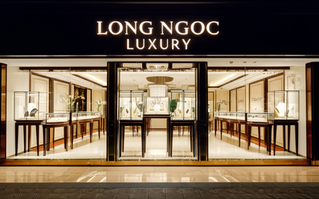 Ảnh mặt tiền cửa hàng trang sức Long Ngọc Luxury vào buổi tối, ánh sáng ấm áp hắt ra từ bên trong.