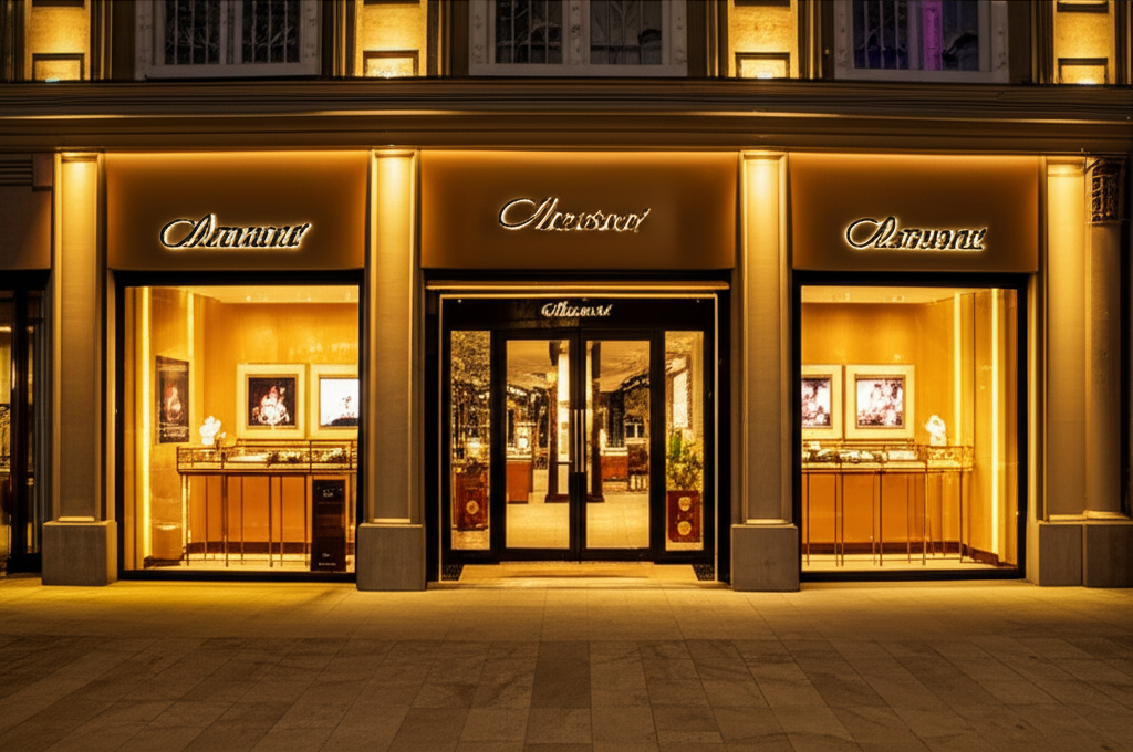 So sánh kim cương trắng và đen cho nam với kim cương trắng đen 7 Hình ảnh cận cảnh mặt tiền cửa hàng trang sức cao cấp vào buổi tối, nổi bật với hệ thống đèn vàng ấm cúng, làm tôn lên vẻ sang trọng, thương hiệu đẳng cấp với bảng hiệu được thiết kế tinh tế, dễ nhận diện.