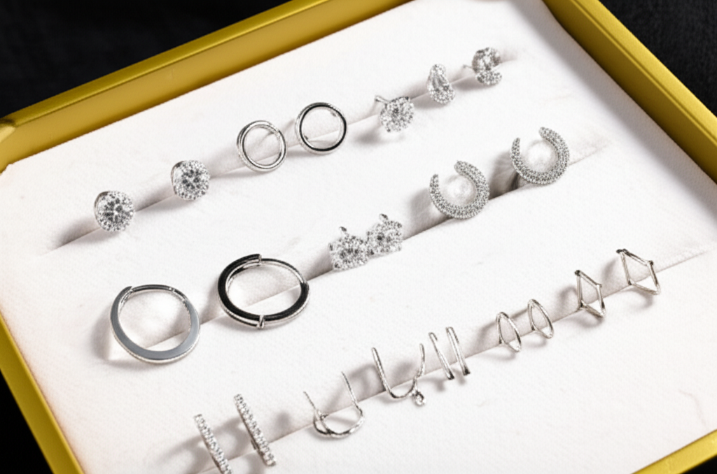 Hình ảnh cận cảnh bộ sưu tập bông tai kim cương với thiết kế tối giản trên khay nhung.