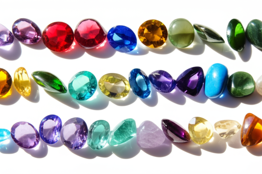 Chọn bông tai kim cương theo phong thủy với bông tai phong thủy 5 Hình ảnh một bộ sưu tập đá quý đa dạng màu sắc (đỏ, xanh lá, xanh dương, vàng, tím) được xếp cạnh nhau.