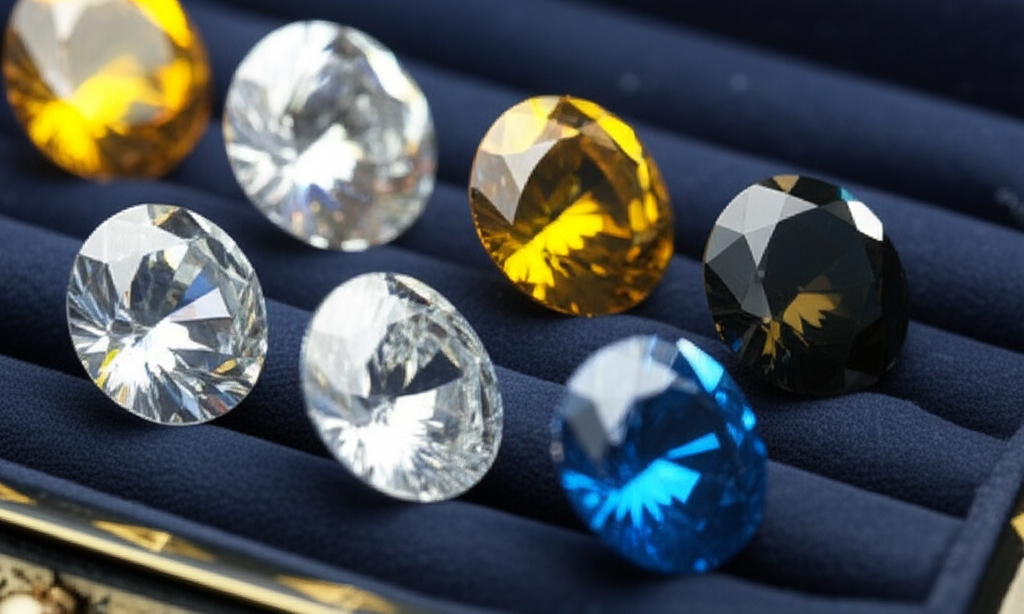 Tư vấn chọn kim cương nam theo độ tuổi với kim cương nam theo tuổi 6 Hình ảnh cận cảnh các viên kim cương màu trắng, vàng, đen và xanh dương đang lấp lánh dưới ánh sáng chói chang, nằm trong một hộp trang sức sang trọng với lớp lót nhung mềm mại.